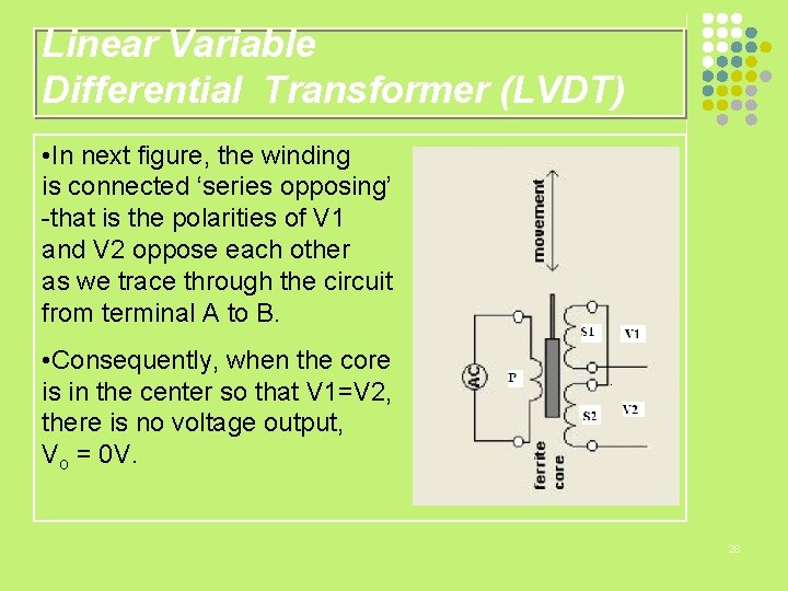 Linear Variable Differential Transformer (LVDT) • In next figure, the winding is connected ‘series
