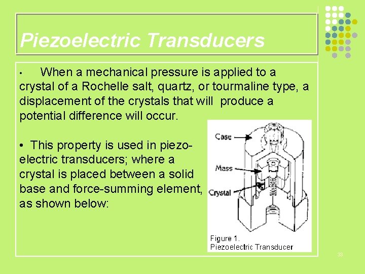 Piezoelectric Transducers When a mechanical pressure is applied to a crystal of a Rochelle