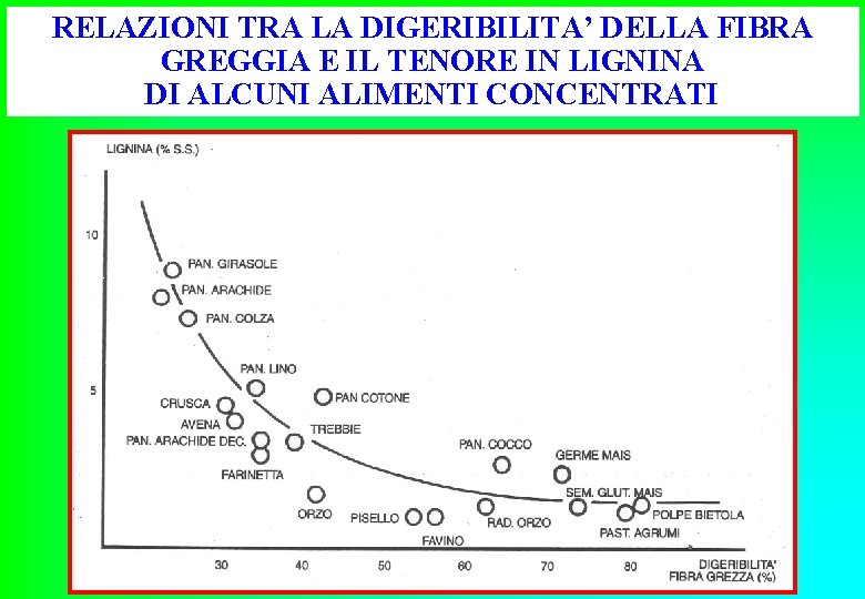 RELAZIONI TRA LA DIGERIBILITA’ DELLA FIBRA GREGGIA E IL TENORE IN LIGNINA DI ALCUNI