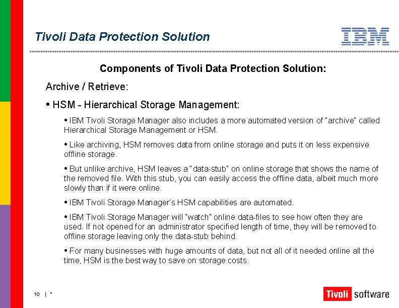 Tivoli Data Protection Solution Components of Tivoli Data Protection Solution: Archive / Retrieve: •