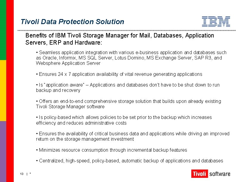 Tivoli Data Protection Solution Benefits of IBM Tivoli Storage Manager for Mail, Databases, Application
