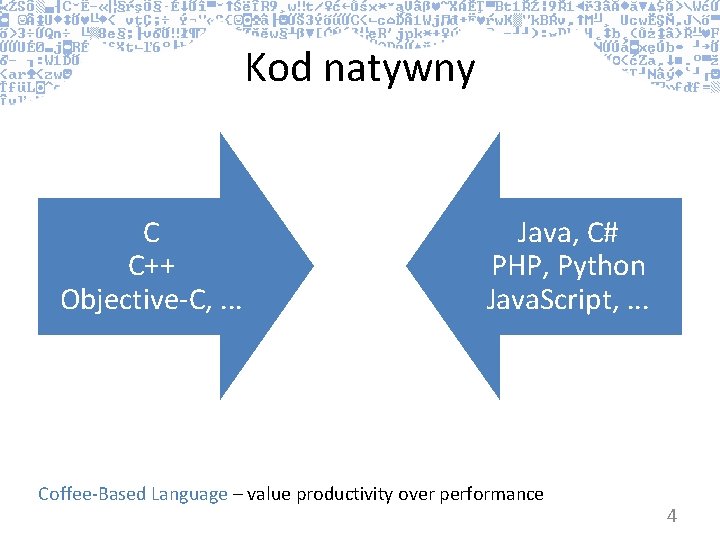 Kod natywny C C++ Objective-C, . . . Java, C# PHP, Python Java. Script,