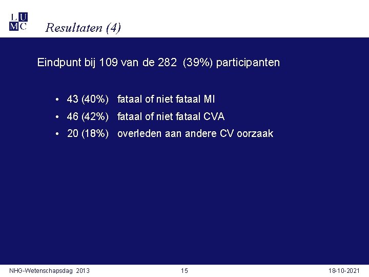 Resultaten (4) Eindpunt bij 109 van de 282 (39%) participanten • 43 (40%) fataal