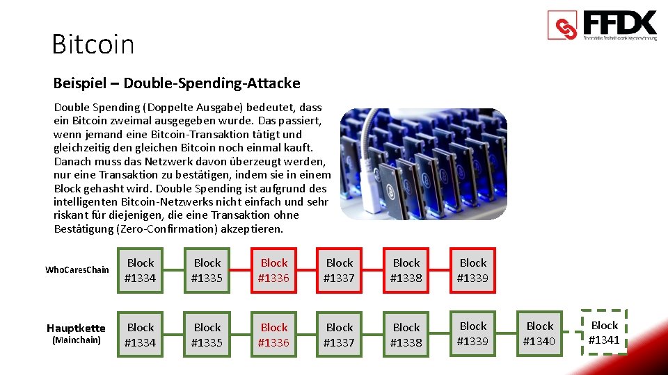 Bitcoin Beispiel – Double-Spending-Attacke Double Spending (Doppelte Ausgabe) bedeutet, dass ein Bitcoin zweimal ausgegeben
