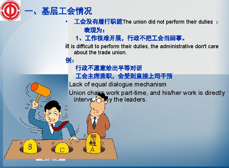 一、基层 会情况 • 会没有履行职能The union did not perform their duties ： 表现为： 1、 作很难开展，行政不把