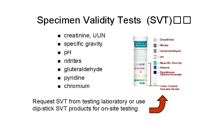 Specimen Validity Tests (SVT)�� n n n n creatinine, UUN specific gravity p. H