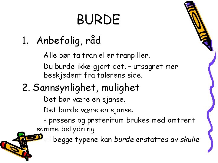 BURDE 1. Anbefalig, råd Alle bør ta tran eller tranpiller. Du burde ikke gjort