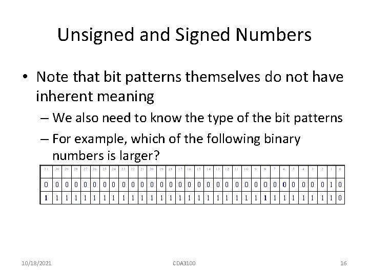 Unsigned and Signed Numbers • Note that bit patterns themselves do not have inherent