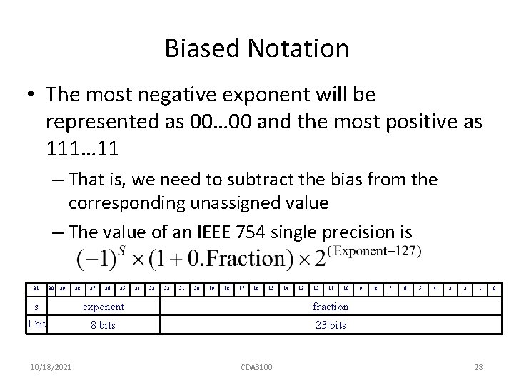 Biased Notation • The most negative exponent will be represented as 00… 00 and