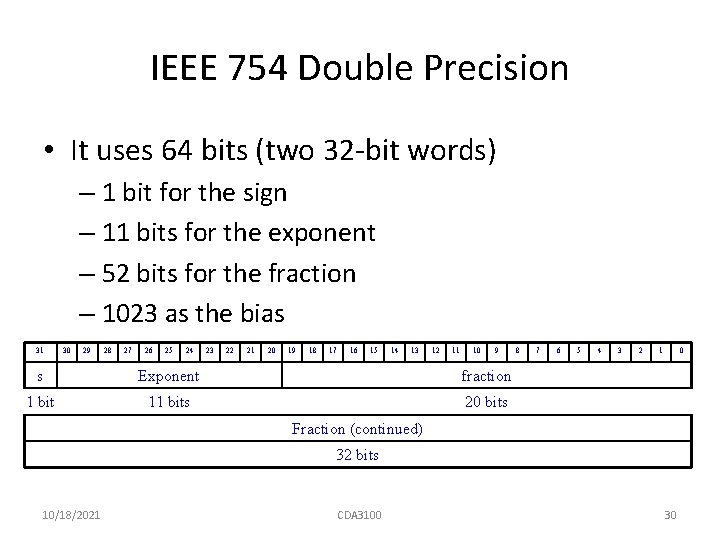 IEEE 754 Double Precision • It uses 64 bits (two 32 -bit words) –
