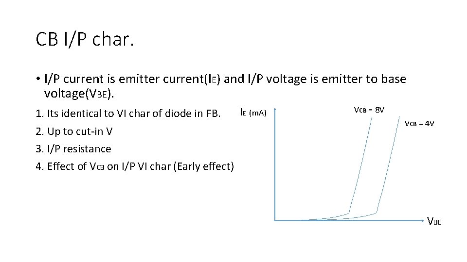 CB I/P char. • I/P current is emitter current(IE) and I/P voltage is emitter