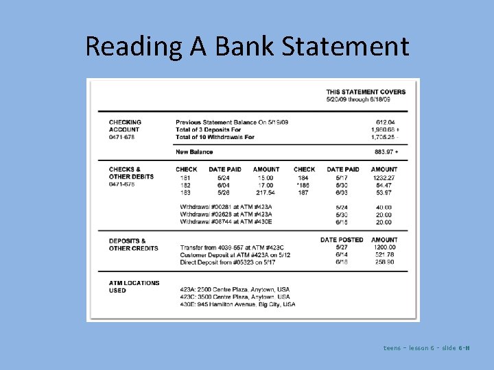 Reading A Bank Statement teens – lesson 6 - slide 6 -H 