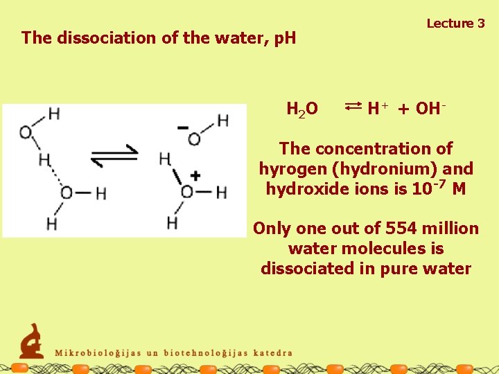 The dissociation of the water, p. H H 2 O Lecture 3 H+ +