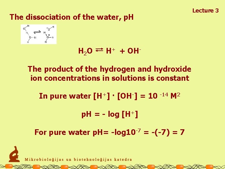 The dissociation of the water, p. H H 2 O H+ + OH- The