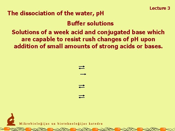 The dissociation of the water, p. H Lecture 3 Buffer solutions Solutions of a