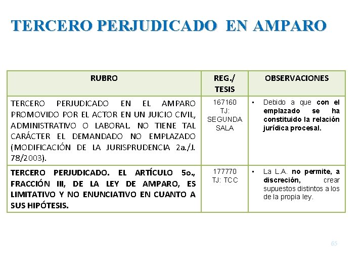 TERCERO PERJUDICADO EN AMPARO RUBRO REG. / TESIS OBSERVACIONES TERCERO PERJUDICADO EN EL AMPARO