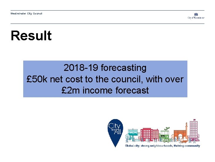 Westminster City Council Result 2018 -19 forecasting £ 50 k net cost to the