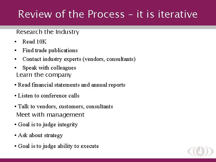 Review of the Process – it is iterative Research the Industry • Read 10