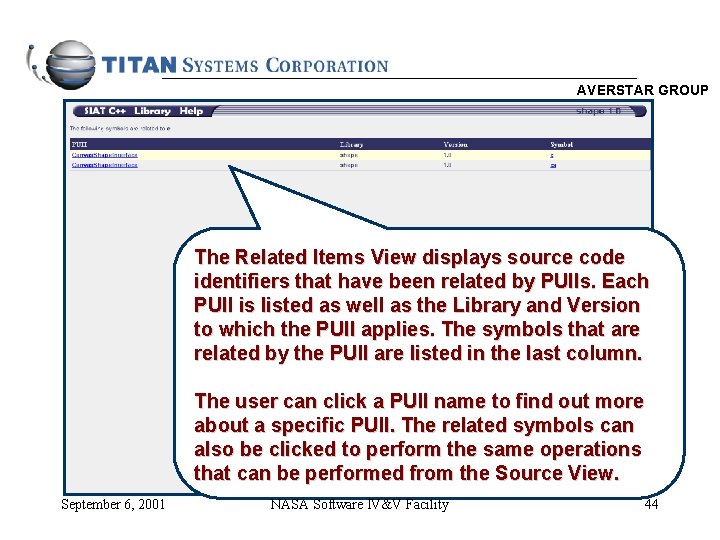 AVERSTAR GROUP The Related Items View displays source code identifiers that have been related