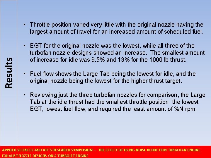 Results • Throttle position varied very little with the original nozzle having the largest