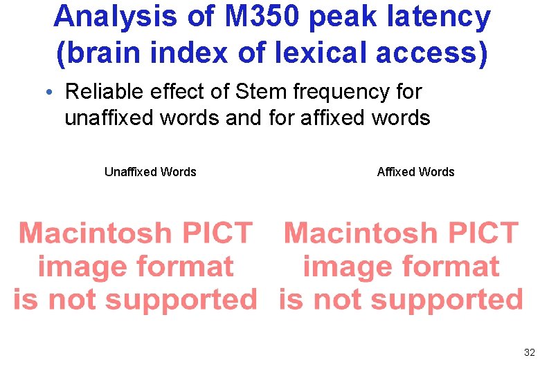 Analysis of M 350 peak latency (brain index of lexical access) • Reliable effect