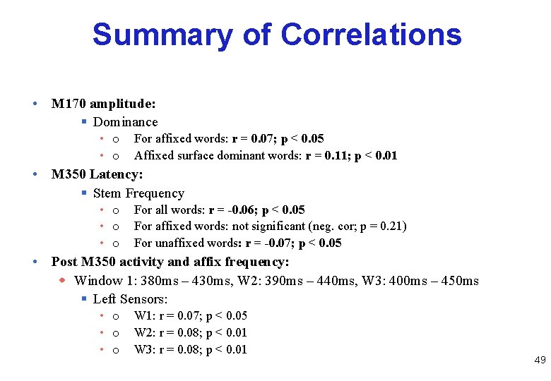 Summary of Correlations • M 170 amplitude: § Dominance • o For affixed words: