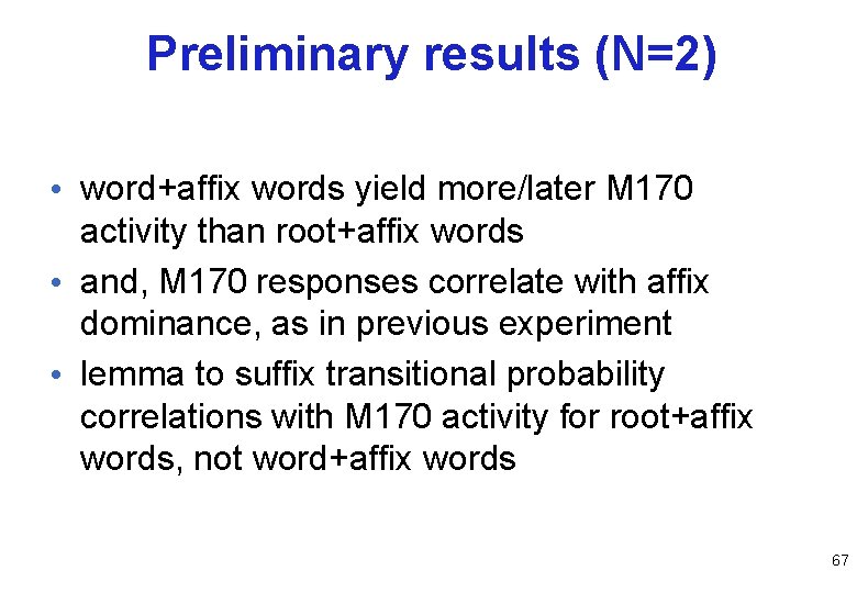Preliminary results (N=2) • word+affix words yield more/later M 170 activity than root+affix words