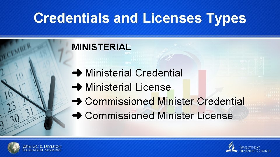 Credentials and Licenses Types MINISTERIAL ➜ Ministerial Credential ➜ Ministerial License ➜ Commissioned Minister