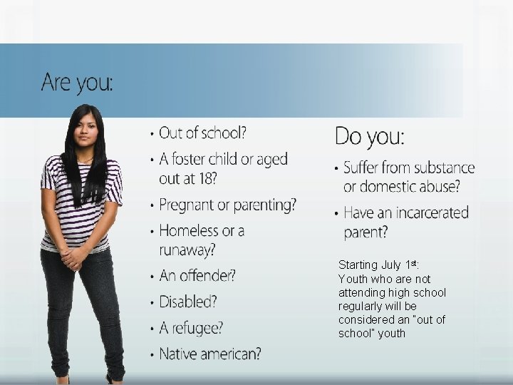 WIA SLIDES… Starting July 1 st: Youth who are not attending high school regularly