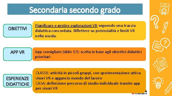 Secondaria secondo grado OBIETTIVI Pianificare e gestire esplorazioni VR seguendo una traccia didattica concordata.