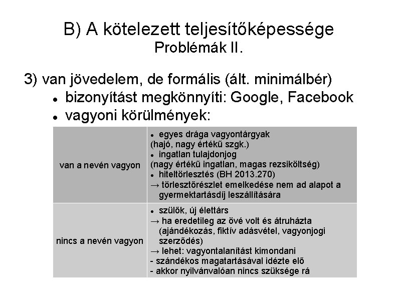 B) A kötelezett teljesítőképessége Problémák II. 3) van jövedelem, de formális (ált. minimálbér) bizonyítást