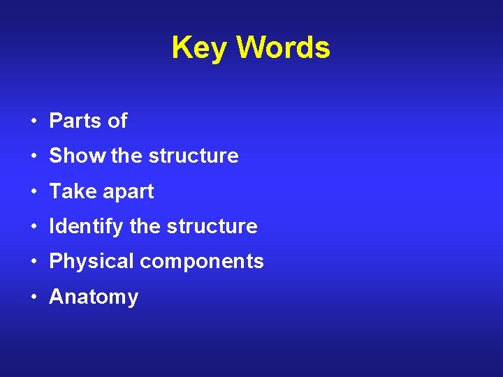 Key Words • Parts of • Show the structure • Take apart • Identify