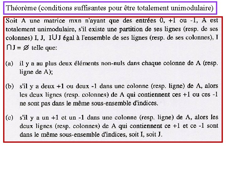 Théorème (conditions suffisantes pour être totalement unimodulaire) 