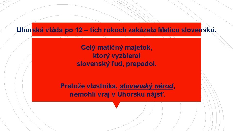 Uhorská vláda po 12 – tich rokoch zakázala Maticu slovenskú. Celý matičný majetok, ktorý