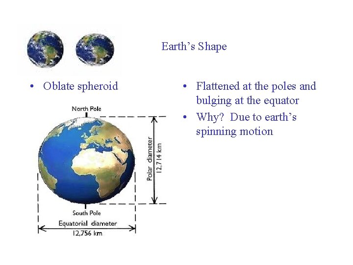 Earth’s Shape • Oblate spheroid • Flattened at the poles and bulging at the