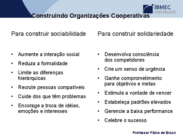 Construindo Organizações Cooperativas Para construir sociabilidade Para construir solidariedade • Aumente a interação social