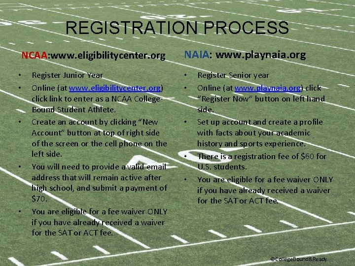 REGISTRATION PROCESS NCAA: www. eligibilitycenter. org • • • Register Junior Year Online (at