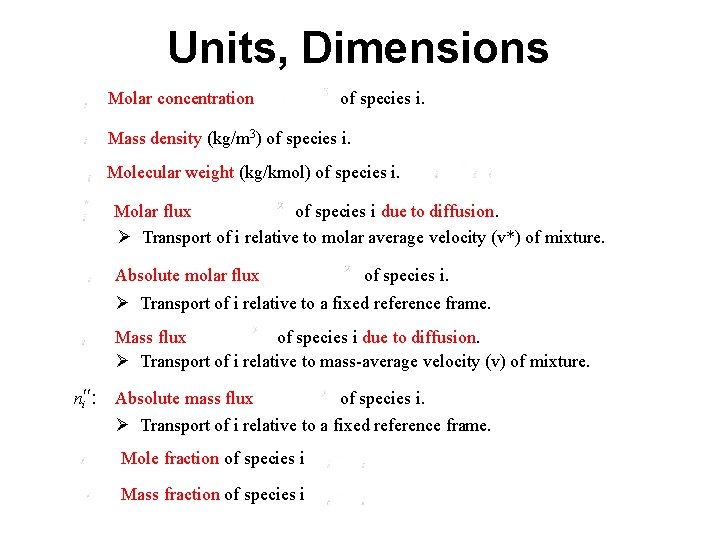 Units, Dimensions Molar concentration of species i. Mass density (kg/m 3) of species i.
