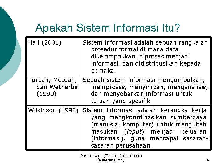 Apakah Sistem Informasi Itu? Hall (2001) Sistem informasi adalah sebuah rangkaian prosedur formal di