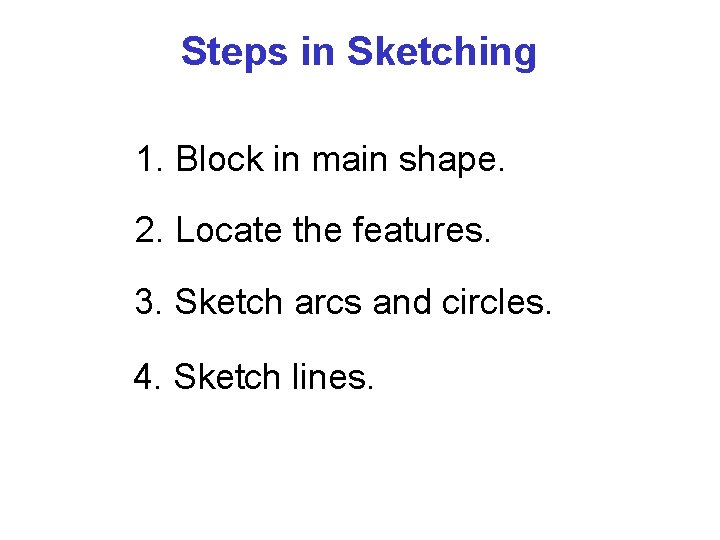 Steps in Sketching 1. Block in main shape. 2. Locate the features. 3. Sketch