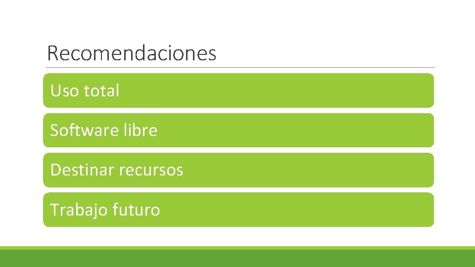 Recomendaciones Uso total Software libre Destinar recursos Trabajo futuro 