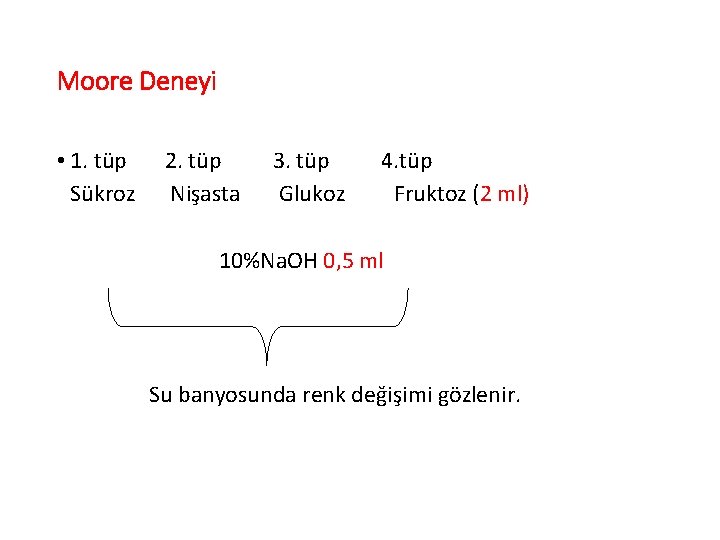 Moore Deneyi • 1. tüp Sükroz 2. tüp Nişasta 3. tüp Glukoz 4. tüp