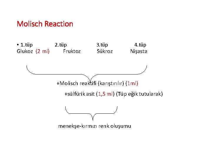 Molisch Reaction • 1. tüp 2. tüp Glukoz (2 ml) Fruktoz 3. tüp Sükroz