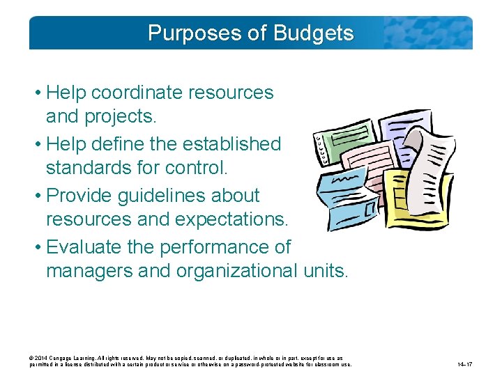 Purposes of Budgets • Help coordinate resources and projects. • Help define the established