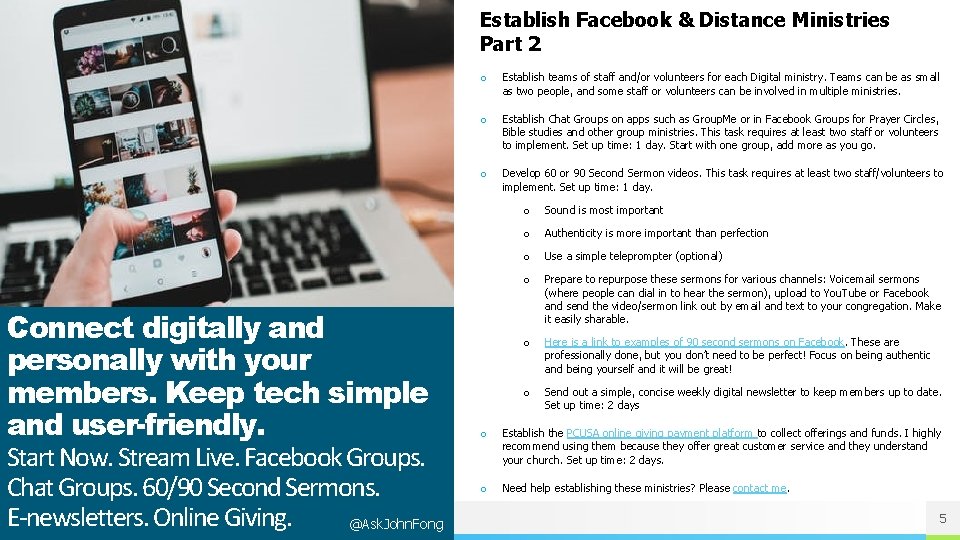 Establish Facebook & Distance Ministries Part 2 Connect digitally and personally with your members.