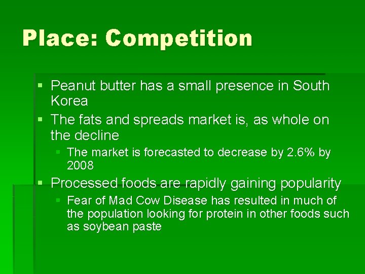 Place: Competition § Peanut butter has a small presence in South Korea § The