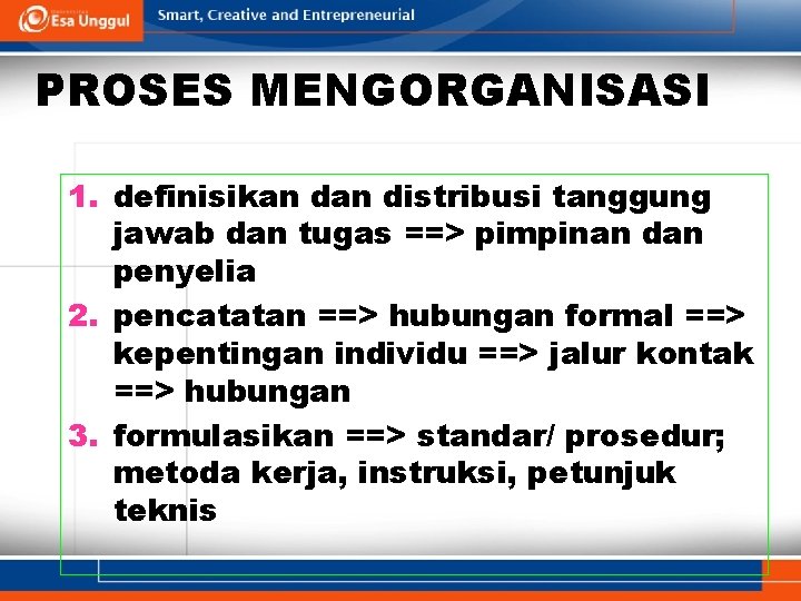 PROSES MENGORGANISASI 1. definisikan distribusi tanggung jawab dan tugas ==> pimpinan dan penyelia 2.