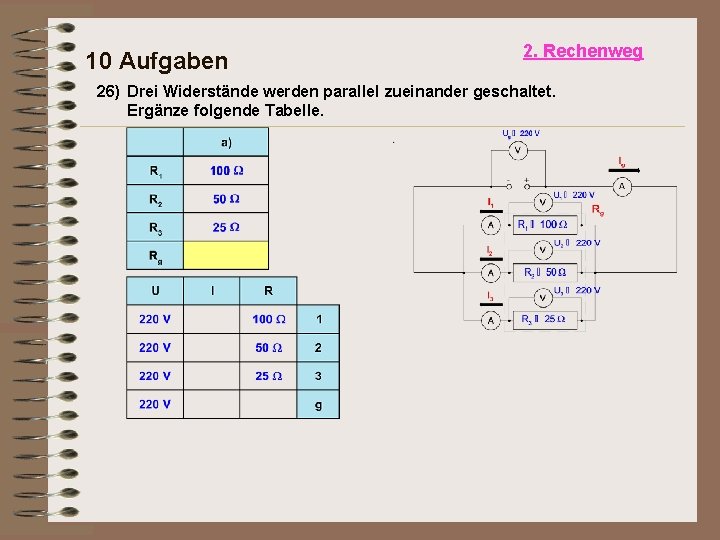 10 Aufgaben 2. Rechenweg 26) Drei Widerstände werden parallel zueinander geschaltet. Ergänze folgende Tabelle.