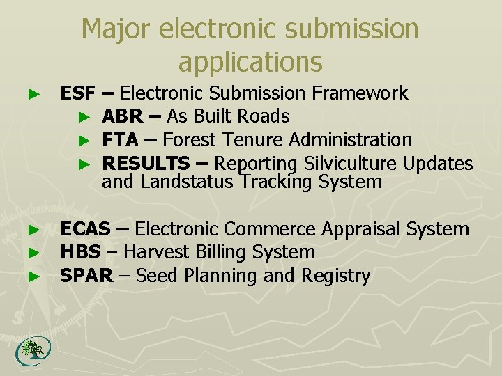 Major electronic submission applications ► ESF – Electronic Submission Framework ► ABR – As