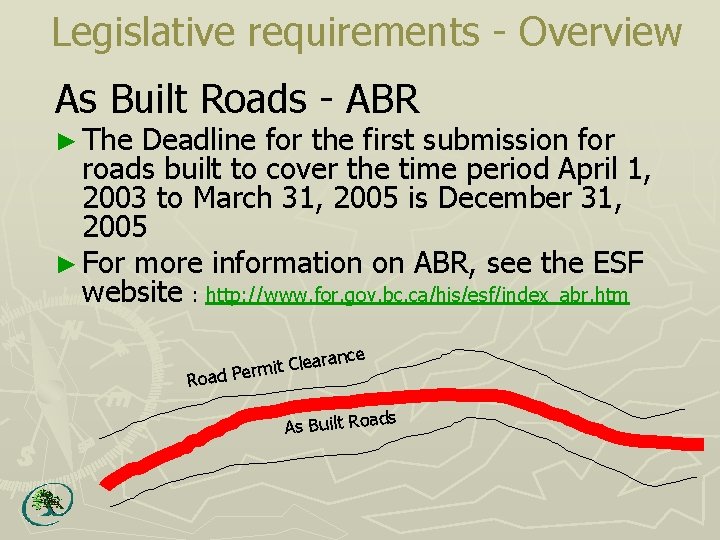 Legislative requirements - Overview As Built Roads - ABR ► The Deadline for the